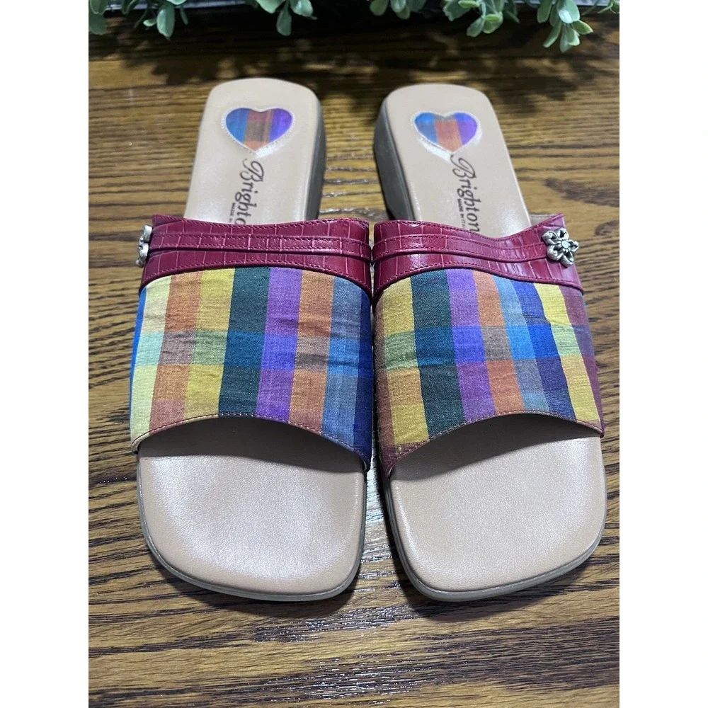BRIGHTON Belize Ladies Size 7.5 Slip On Sandals Made In Italy Red Plaid